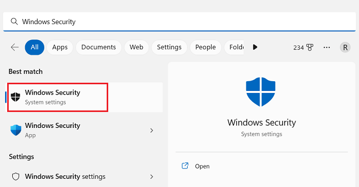 Windows Security Search on Start Menu