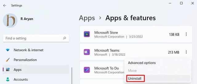Uninstall Microsoft Teams in Windows 11