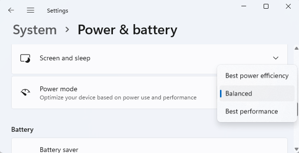 Power mode in Windows 11 Settings