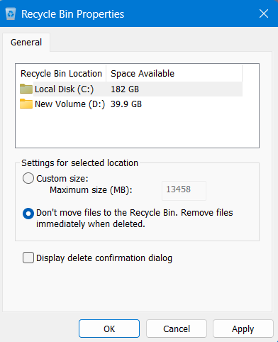 Select Don't move files to the recycle bin
