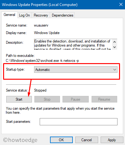 Error 0x80070057 in Windows 10 - Start Windows Update service