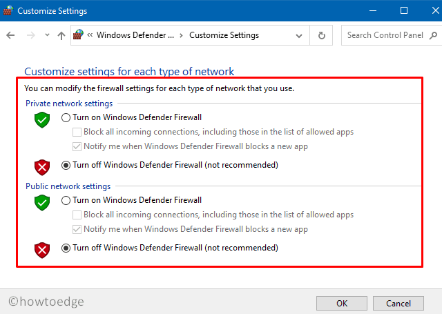 Windows Defender Firewall - Turn off