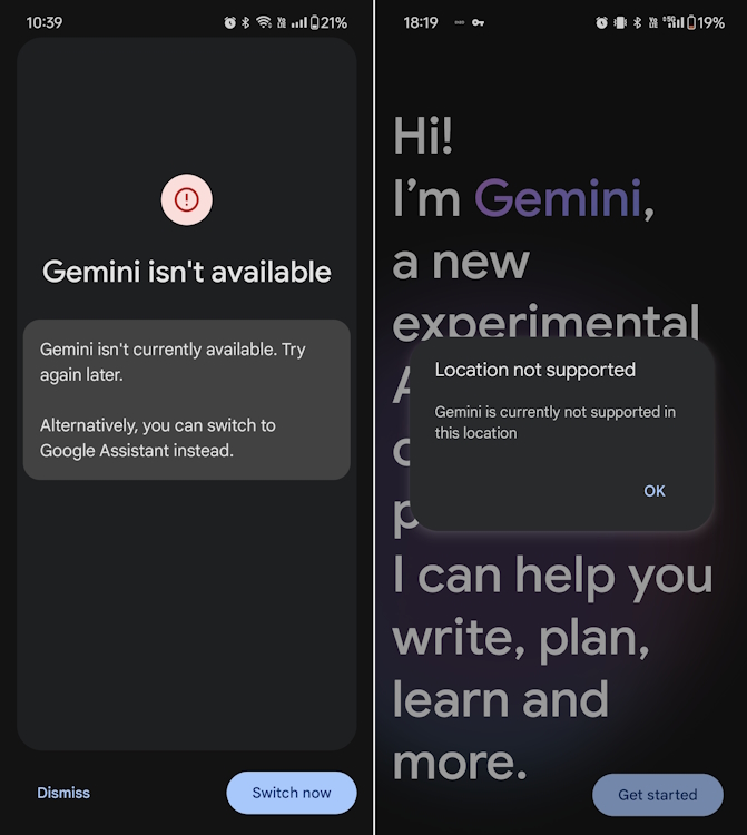 Gemini Android app error messages