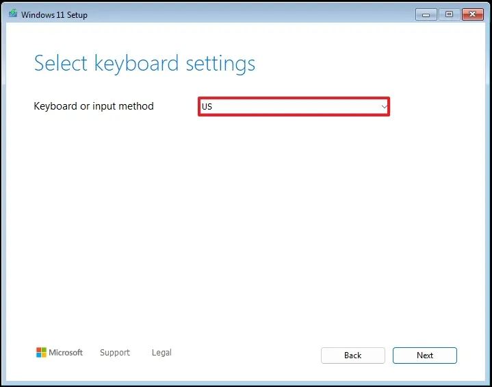 Windows 11 setup keyboard option