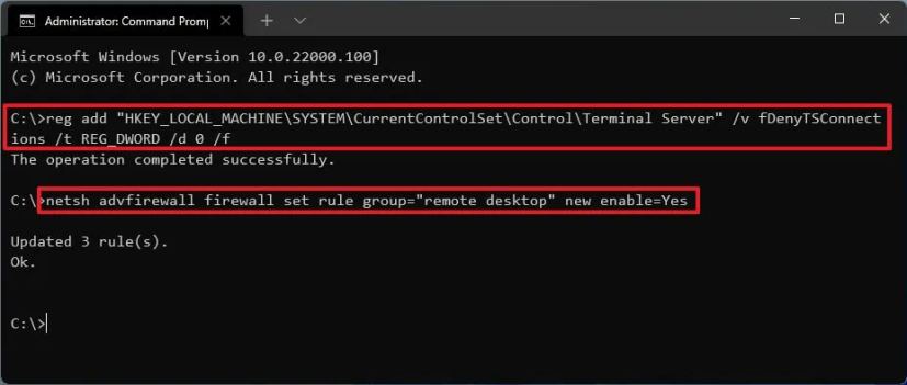 Command Prompt enable Remote Desktop