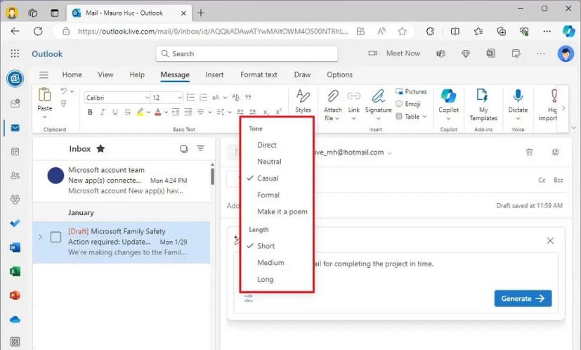 Outlook Copilot change tone and length