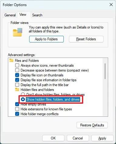 Show hidden files, folders, and drives on Windows 11