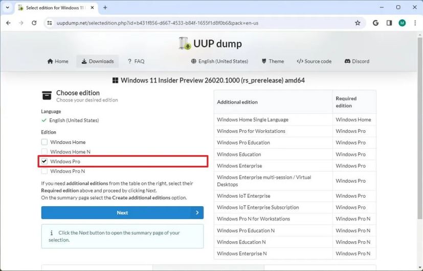 UUP Dump Windows 11 editions