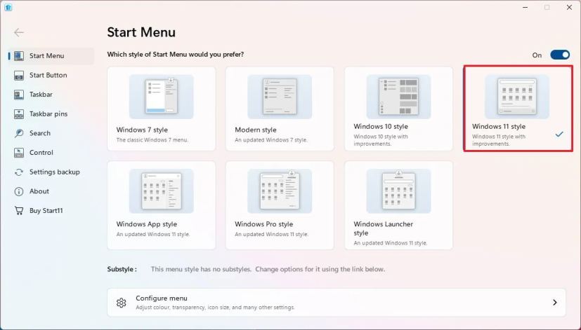 Start11 Start menu Windows 11 style option