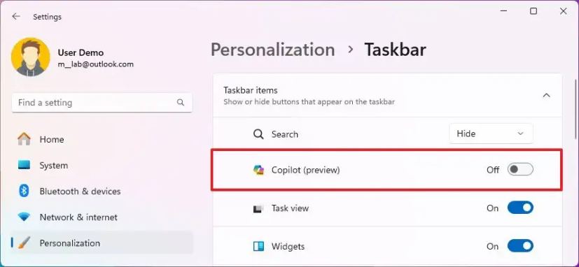 Copilot remove button from Taskbar