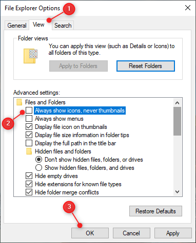 File Explorer Options - No Thumbnails