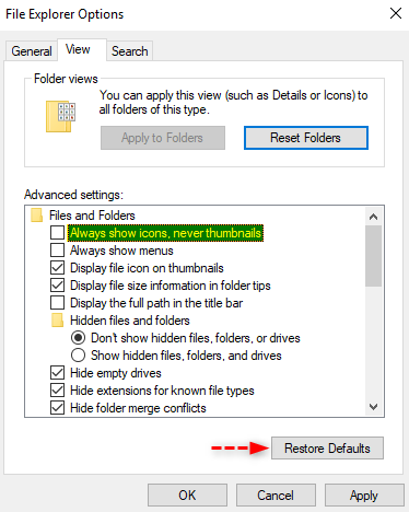 File Explorer Options - Restore defaults