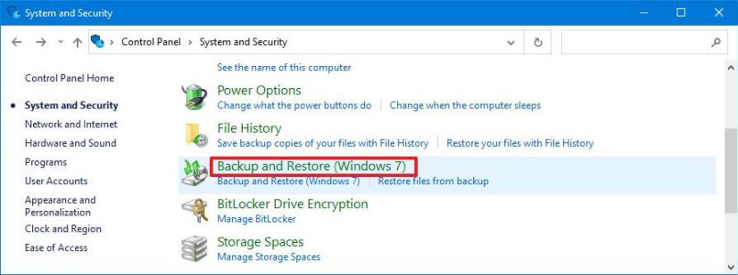 Control Panel backup and restore option