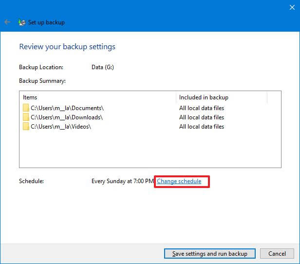 Windows Backup schedule option