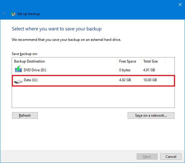 Windows Backup select file backup location