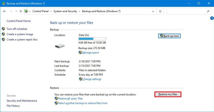Windows Backup restore files option