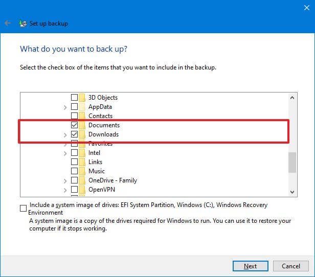 Windows Backup file selection