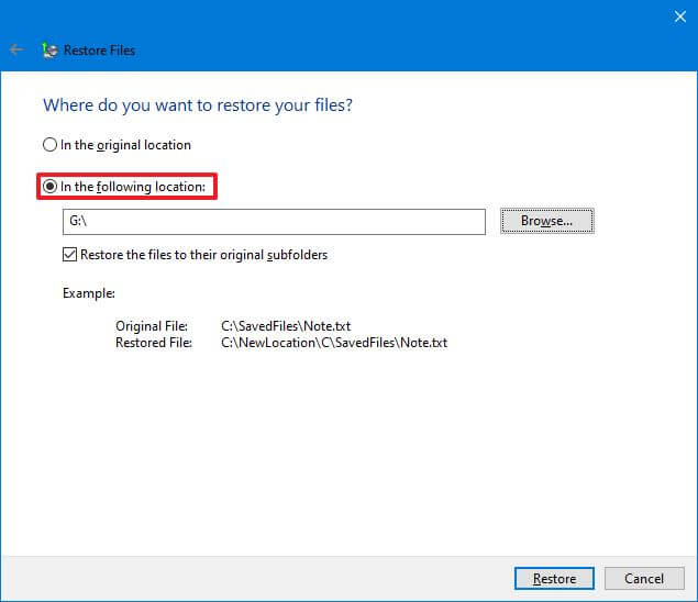 Windows Backup restore different location option