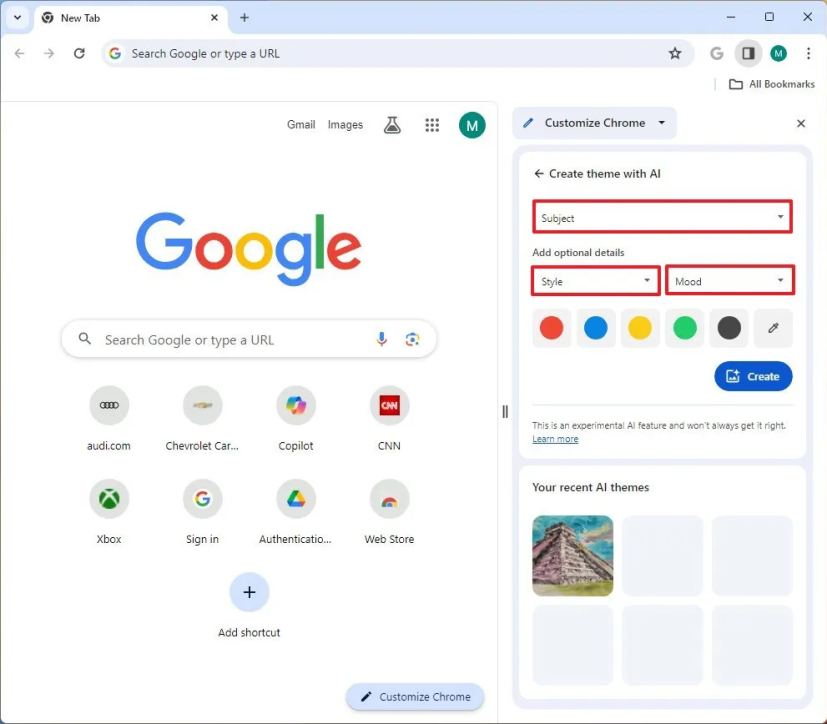 Chrome create theme with AI