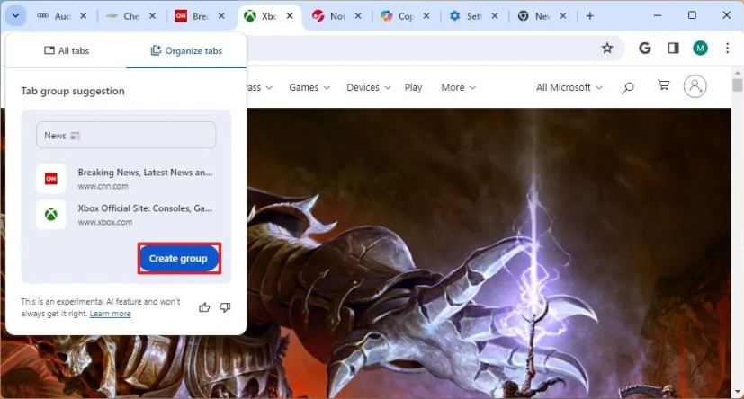 Chrome create group of tabs