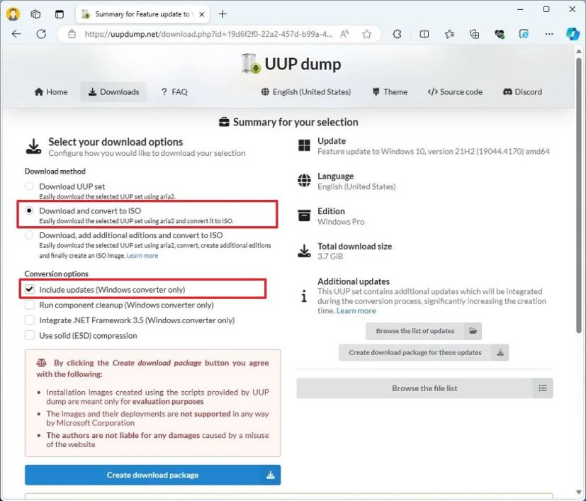 UUP dump Windows 10 ISO download settings