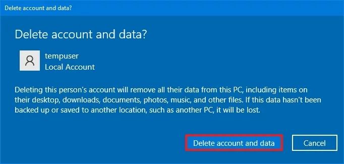 Windows 10 delete account data