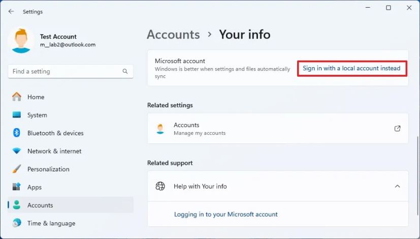 Windows 11 switch MSA to local account