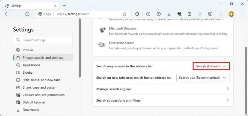 Edge set Google as default search engine