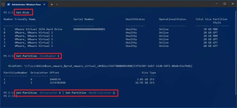 PowerShell change drive letter multiple partitions