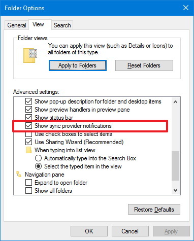 Show sync provider notifications option on Windows 10 Redstone 2