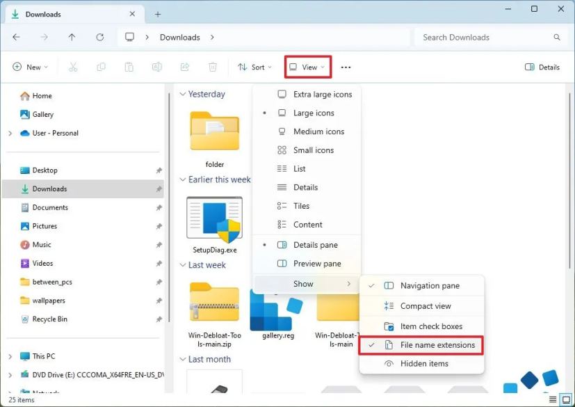 File Explorer enable file extensions