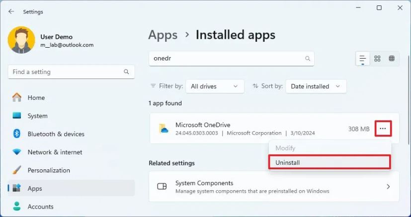 Settings app uninstall OneDrive