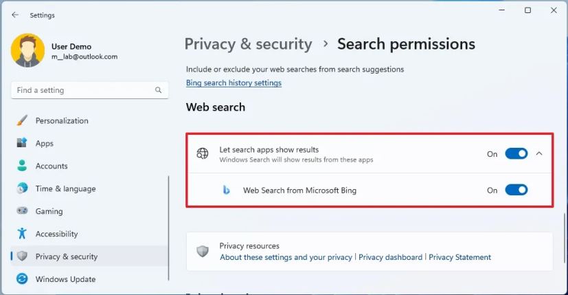 Windows 11 disable Bing search