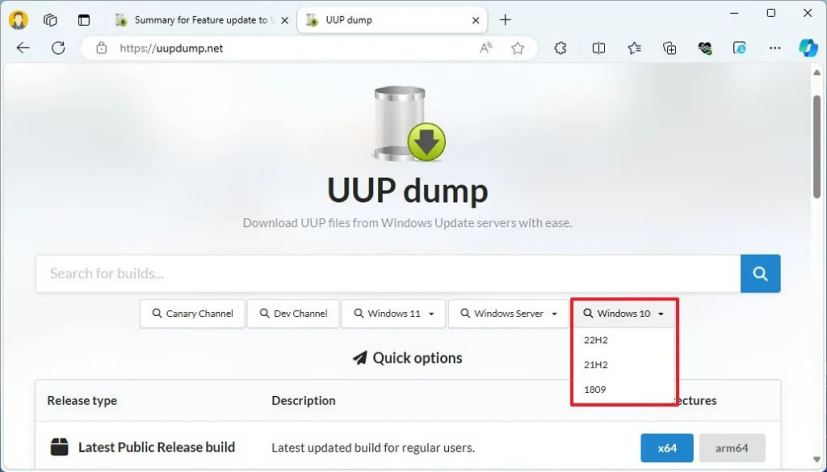 UUP dump older ISO download 