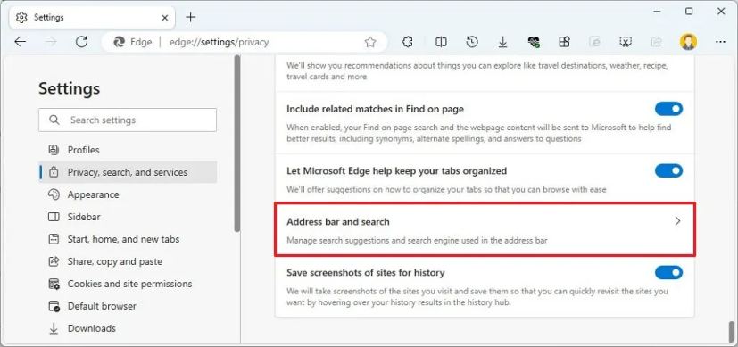 Edge address bar and search settings