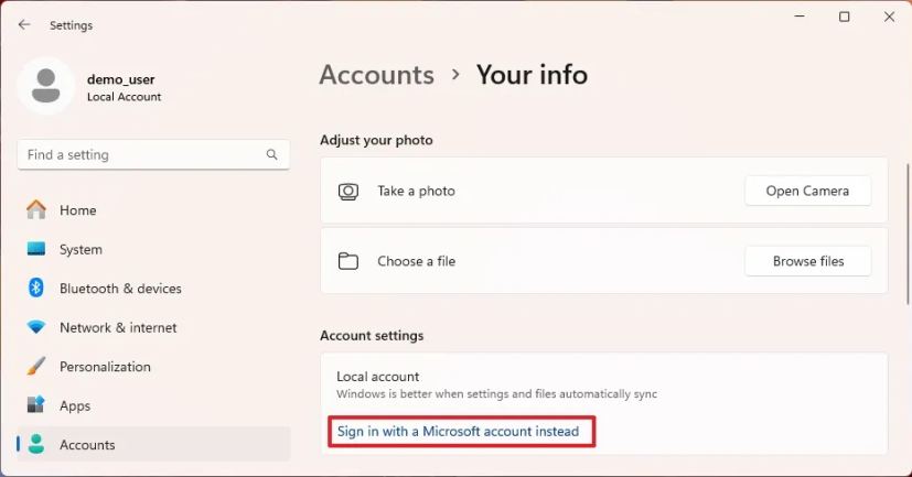 Switch local account to Microsoft account