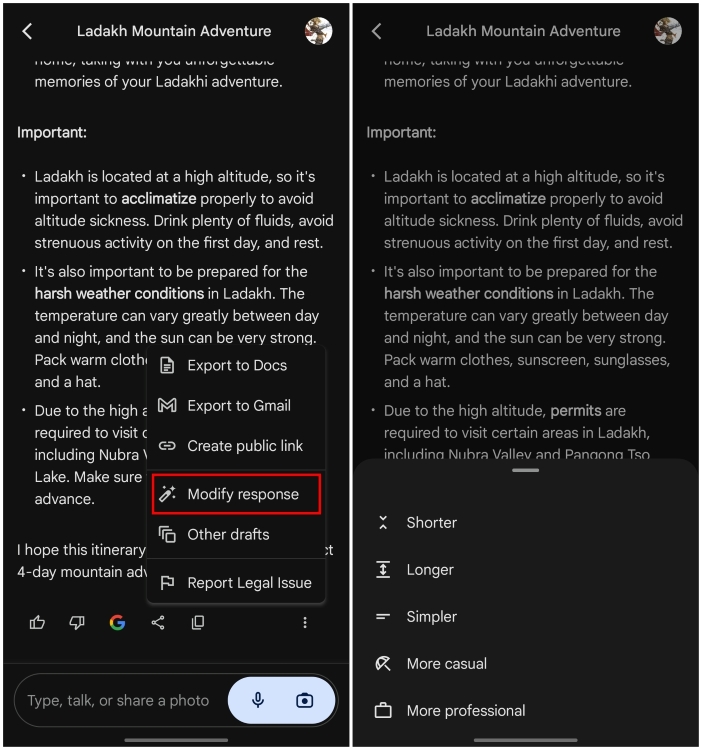 Modify Gemini's responses on mobile app