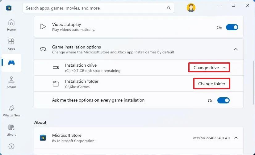 Microsoft Store change games installation drive