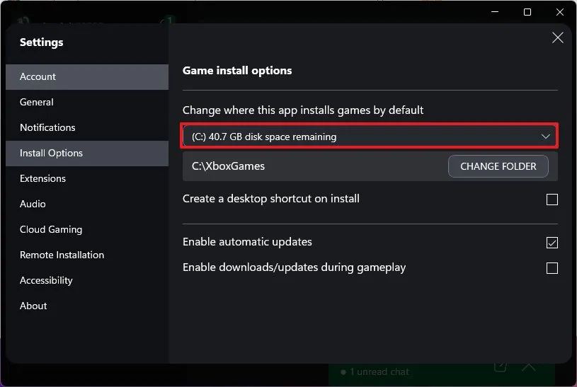 Xbox app change game installation drive