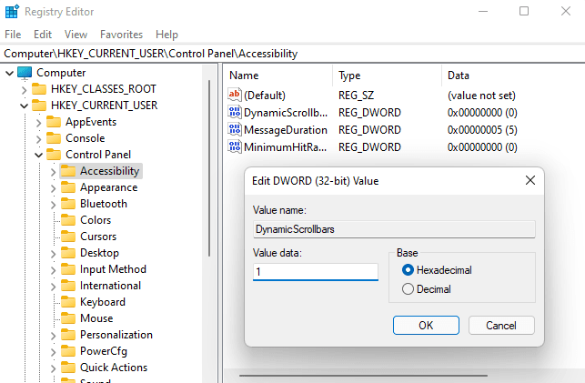 Always show scrollbars using Registry