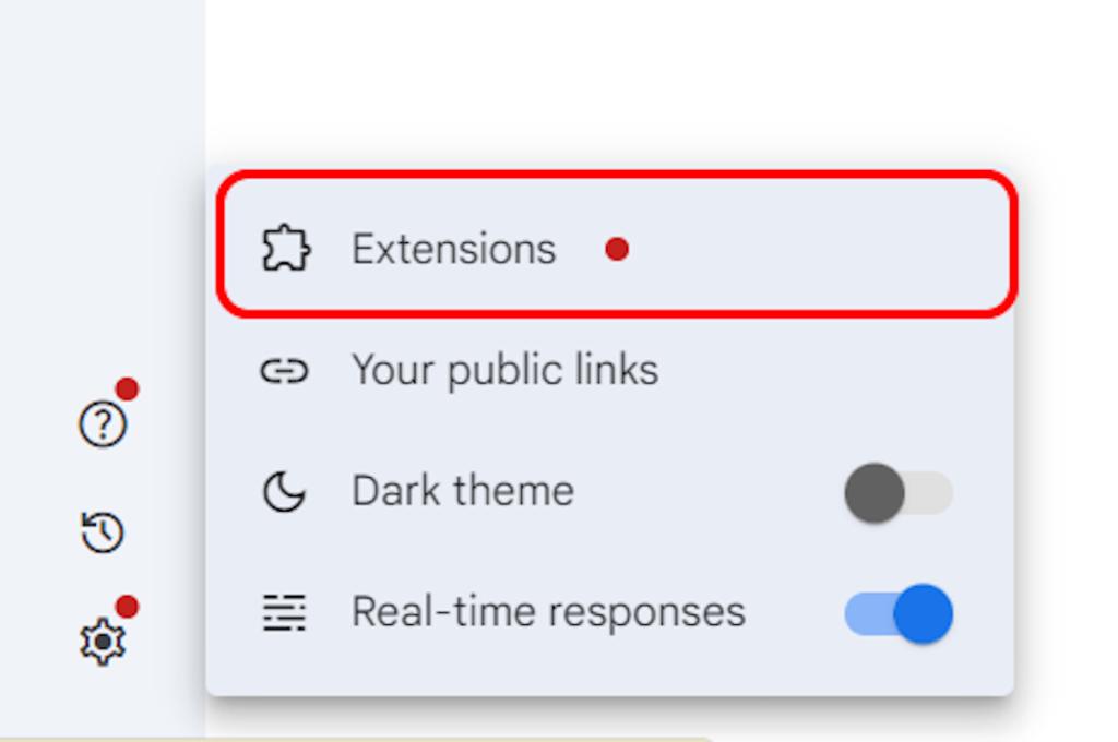 Extensions panel on the Gemini web version