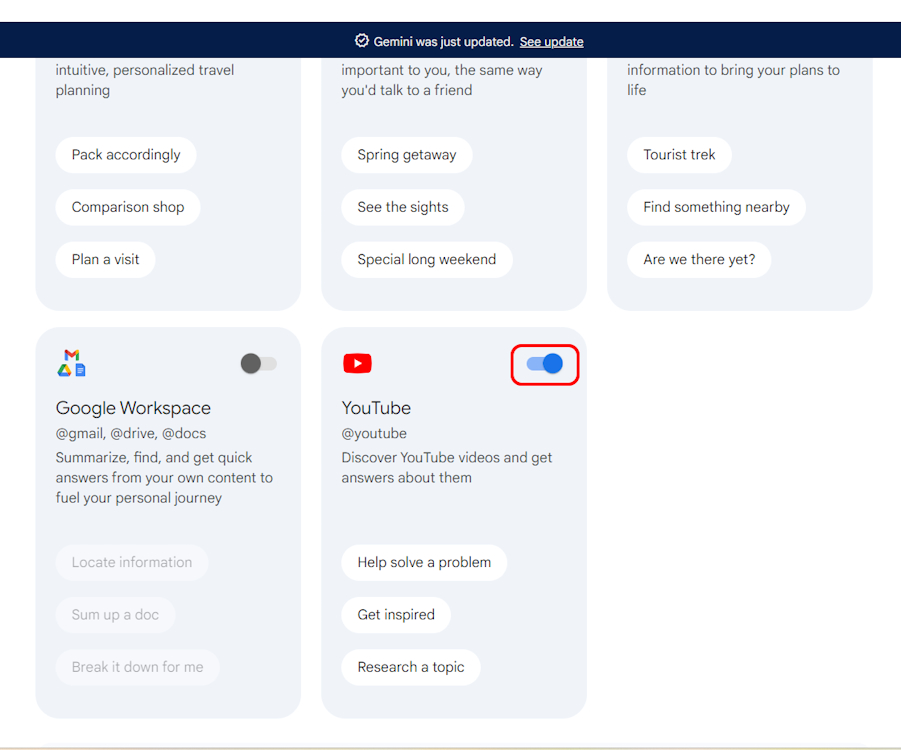 YouTube Extension toggle on Gemini web version