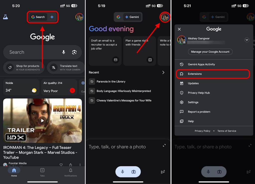 Toggling on YouTube extension on the Google app iOS