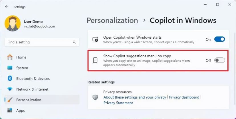 Disable Show Copilot suggestions menu on copy