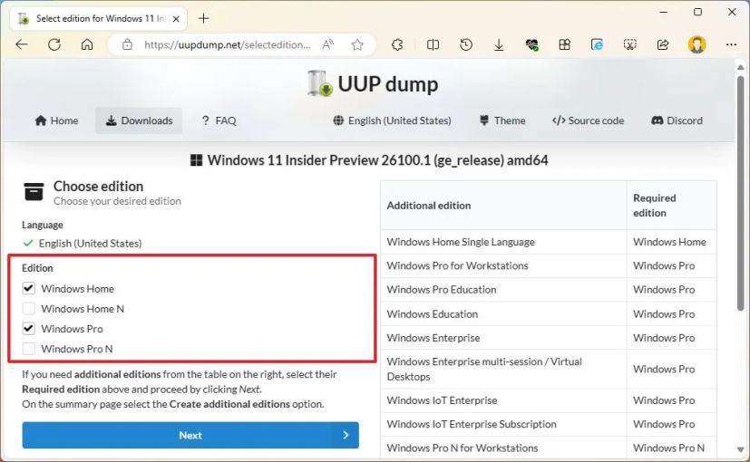 UUP Dump Windows 11 editions