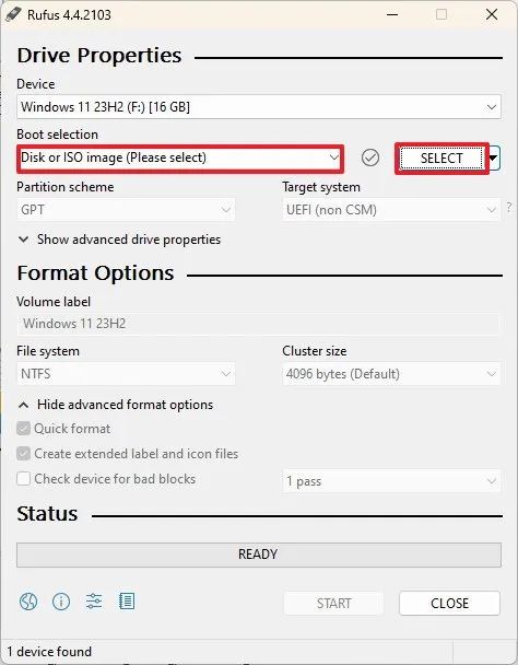Rufus Windows 11 ISO select option