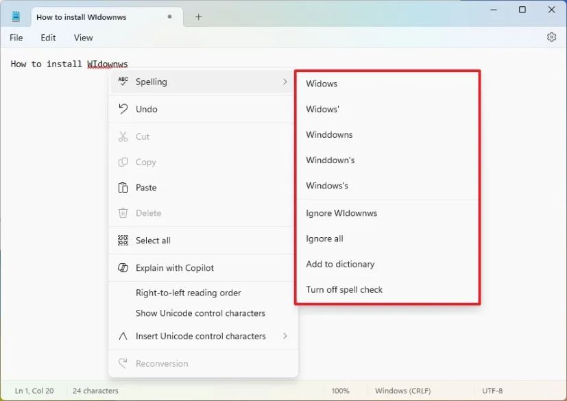 Notepad Spelling context menu