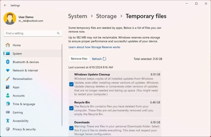 Temporary files settings