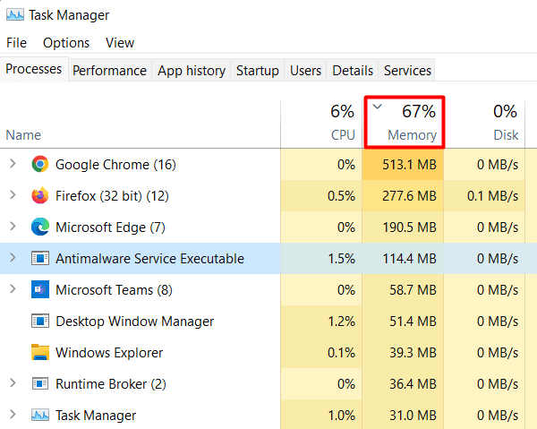 Sort Processes according to Memory in Task manager