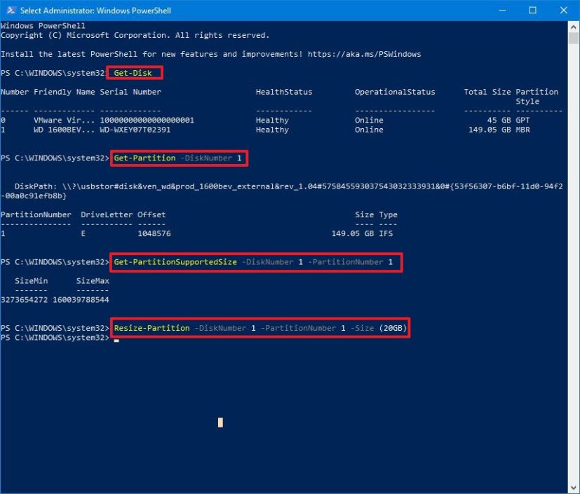 PowerShell change partition size to smaller